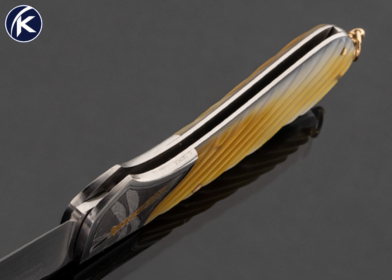 Joe Kious Custom Knife Fluted Gold Lip Pearl Lockback with 14Kt Gold Bail Engraved by Christy George - Image 6