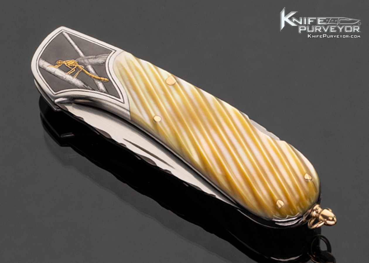 Joe Kious Custom Knife Fluted Gold Lip Pearl Lockback with 14Kt Gold Bail Engraved by Christy George - Image 2