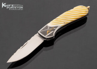 Joe Kious Custom Knife Fluted Gold Lip Pearl Lockback with 14Kt Gold Bail Engraved by Christy George 17520