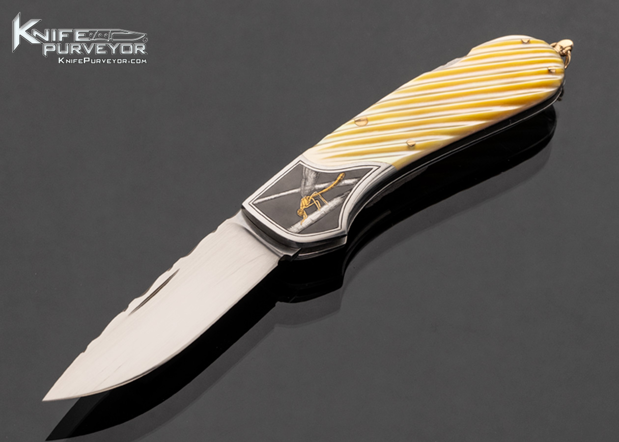 Joe Kious Custom Knife Fluted Gold Lip Pearl Lockback with 14Kt Gold Bail Engraved by Christy George 17520