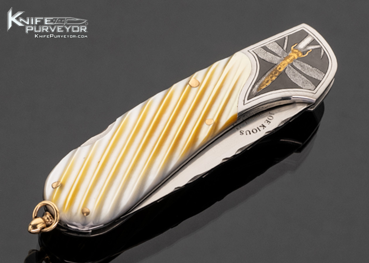 Joe Kious Custom Knife Fluted Gold Lip Pearl Lockback with 14Kt Gold Bail Engraved by Christy George - Image 4