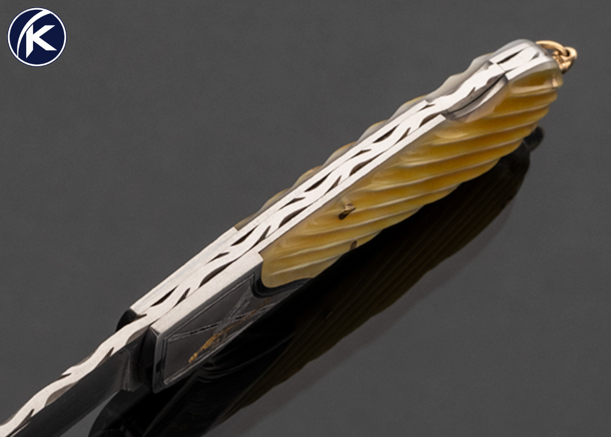 Joe Kious Custom Knife Fluted Gold Lip Pearl Lockback with 14Kt Gold Bail Engraved by Christy George - Image 5