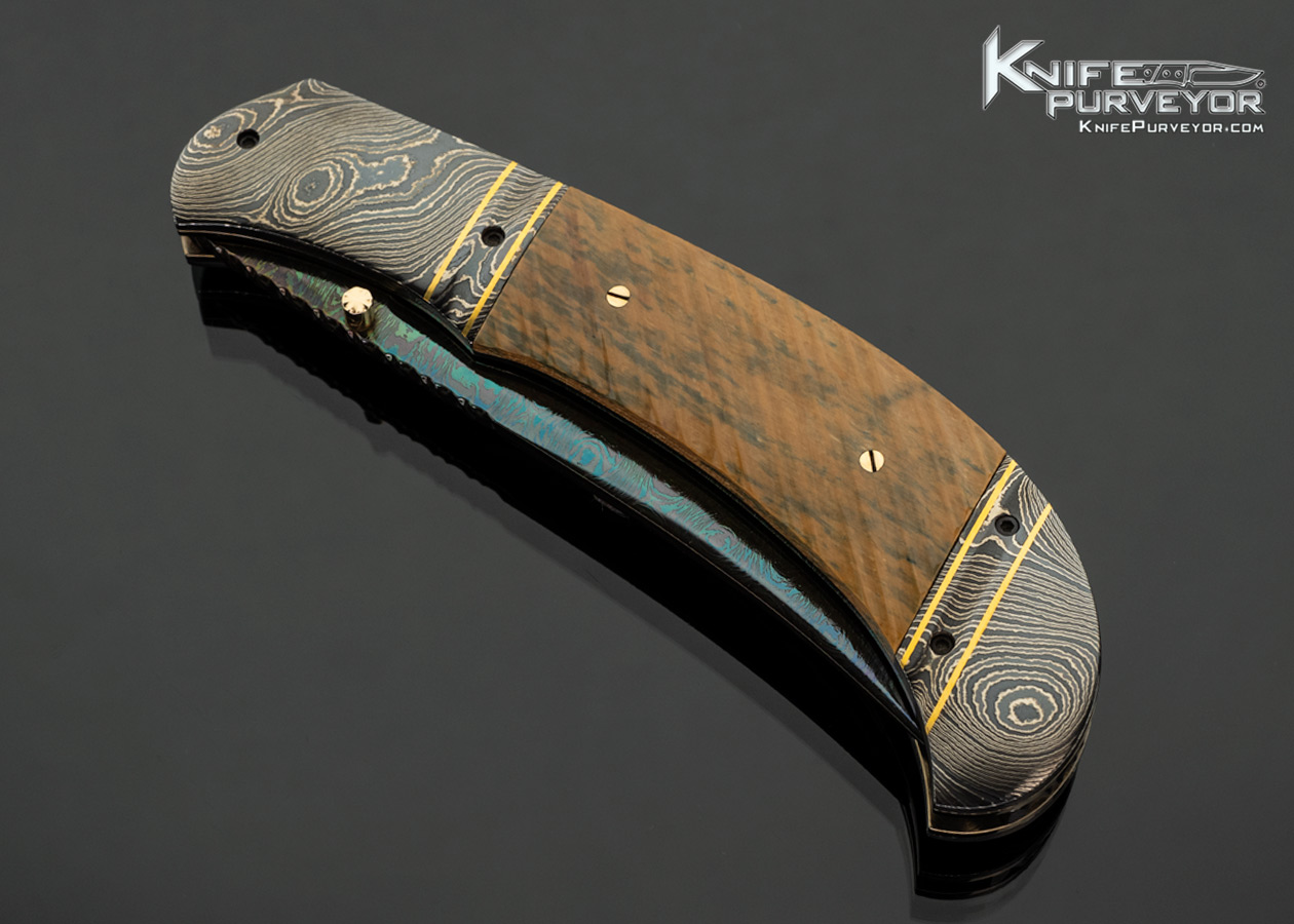 John W. Smith Custom Knife Sole Authorship Blued Damascus with Fluted Green Mammoth and 24Kt Gold Accents Linerlock - Image 2