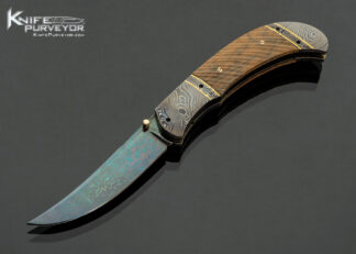 John W. Smith Custom Knife Blued Damascus with Fluted Green Mammoth and Gold Accents Linerlock 18039