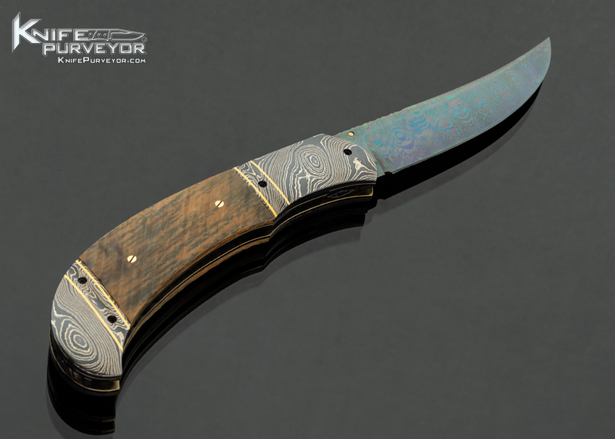 John W. Smith Custom Knife Sole Authorship Blued Damascus with Fluted Green Mammoth and 24Kt Gold Accents Linerlock - Image 3