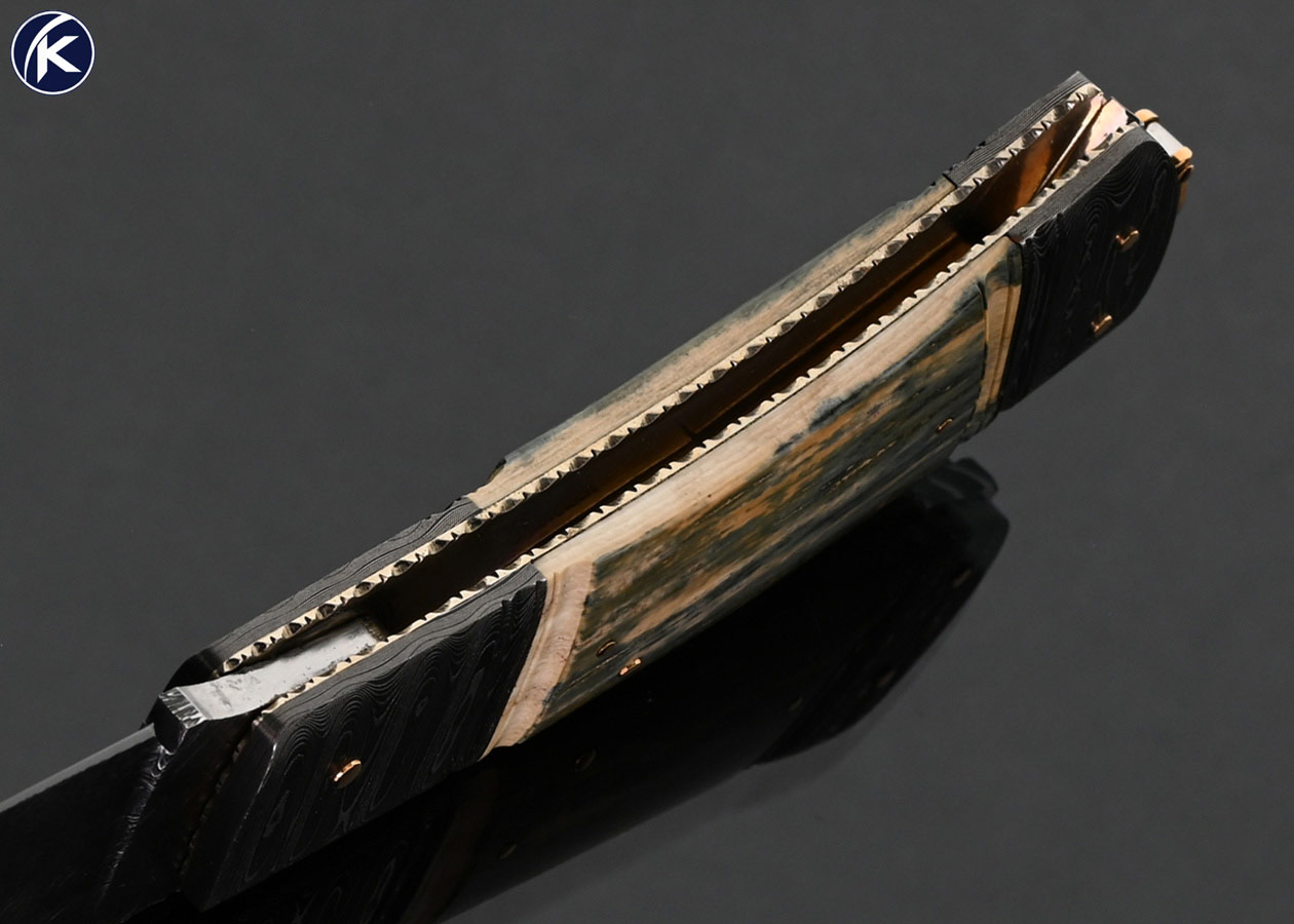 Kay Embertsen Custom Knife Sole Authorship Damascus and Mammoth Lockback - Image 5