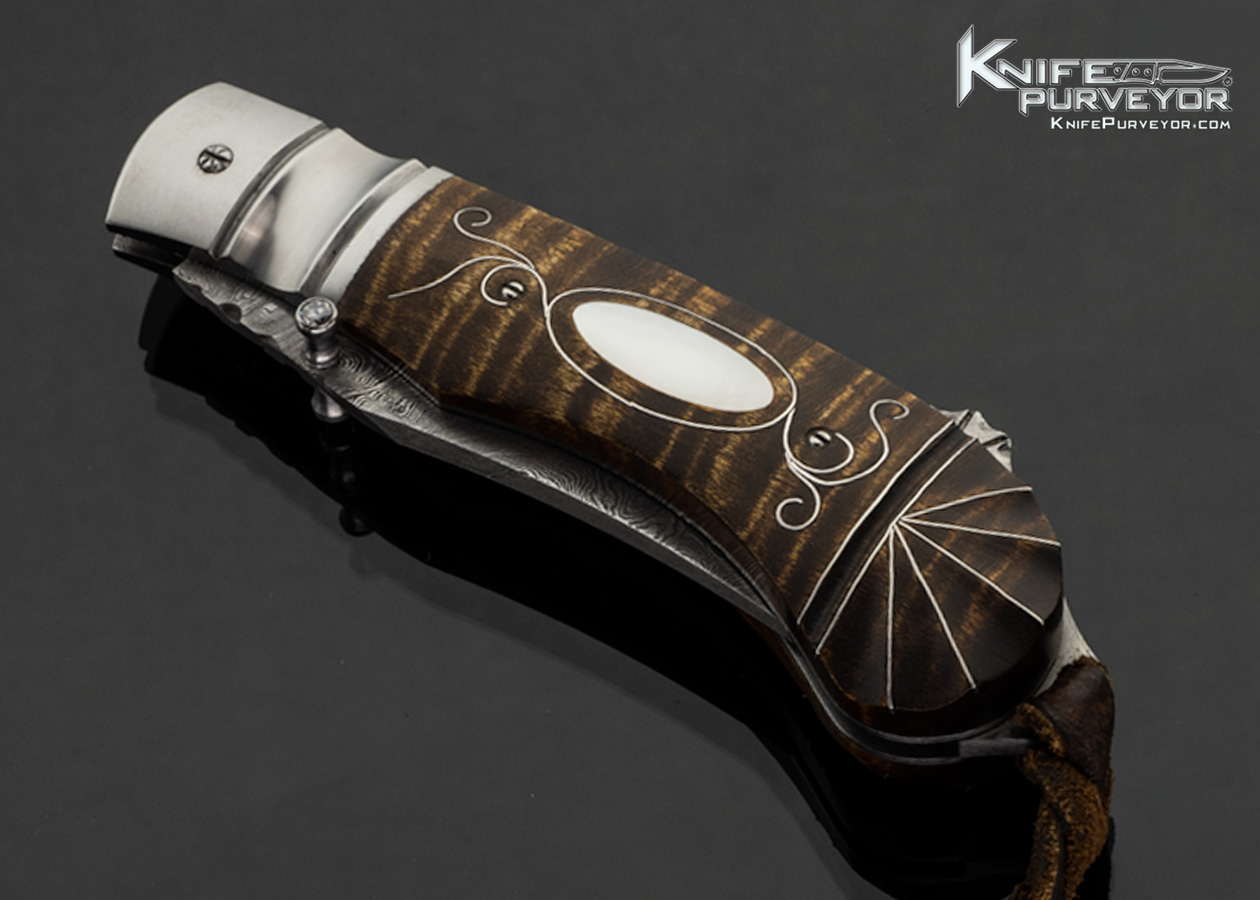 Mark Charles Sentz Custom Knife Damascus and Carved Striped Maple Wood with Fine Silver Wire Inlays and Mother of Pearl Escutcheon 17979