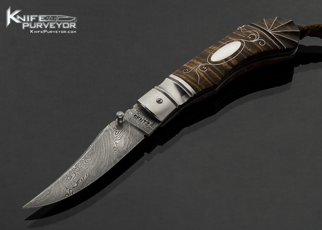 Mark Charles Sentz Custom Knife Damascus and Carved Striped Maple Wood with Fine Silver Wire Inlays and Mother of Pearl Escutcheon 17979