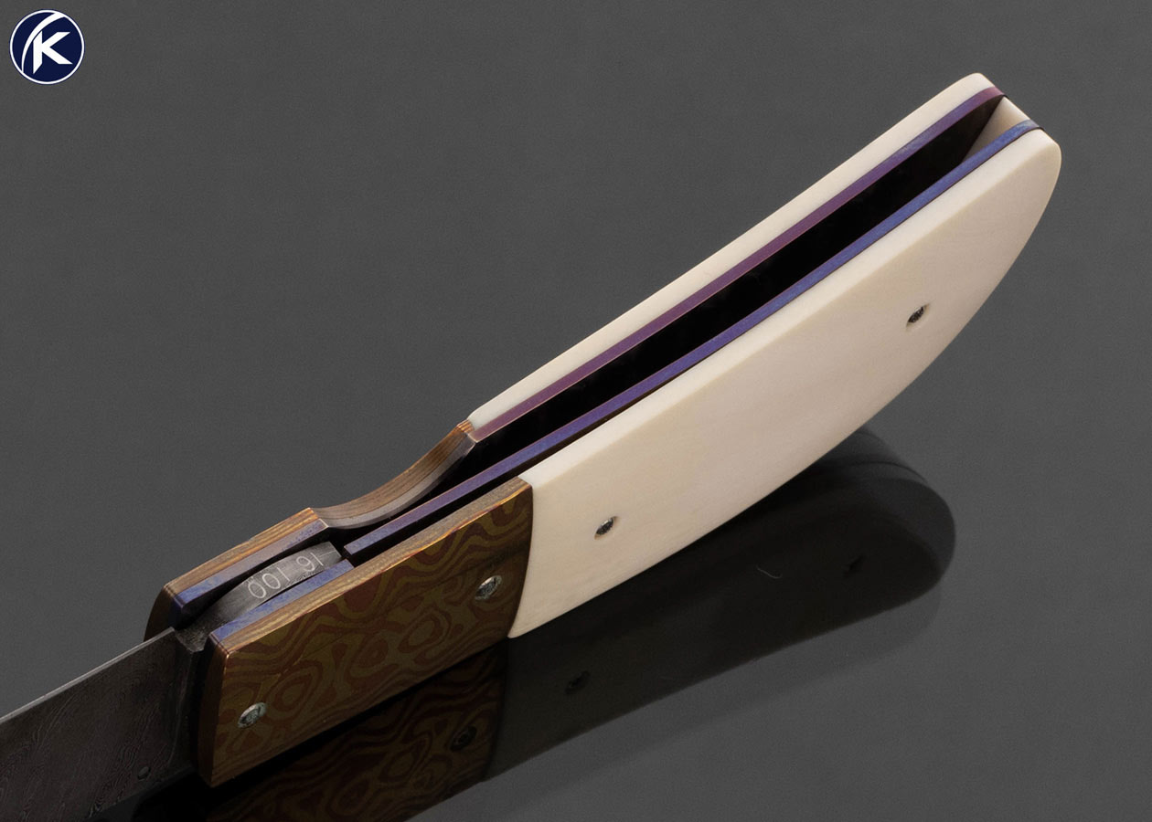 Melvin Gurganus Custom Knife Damascus and Mokume Bolsters with Mammoth Scrimshawed by Rick Bowles Linerlock