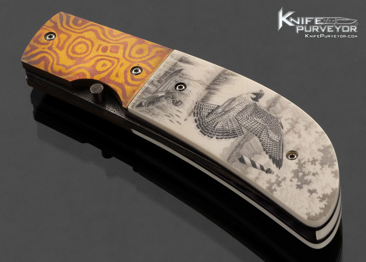 Melvin Gurganus Custom Knife Damascus and Mokume Bolsters with Mammoth Scrimshawed by Rick Bowles Linerlock