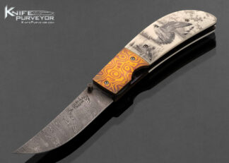 Melvin Gurganus Custom Knife Damascus and Mokume Bolsters with Mammoth Scrimshawed by Rick Bowles Linerlock