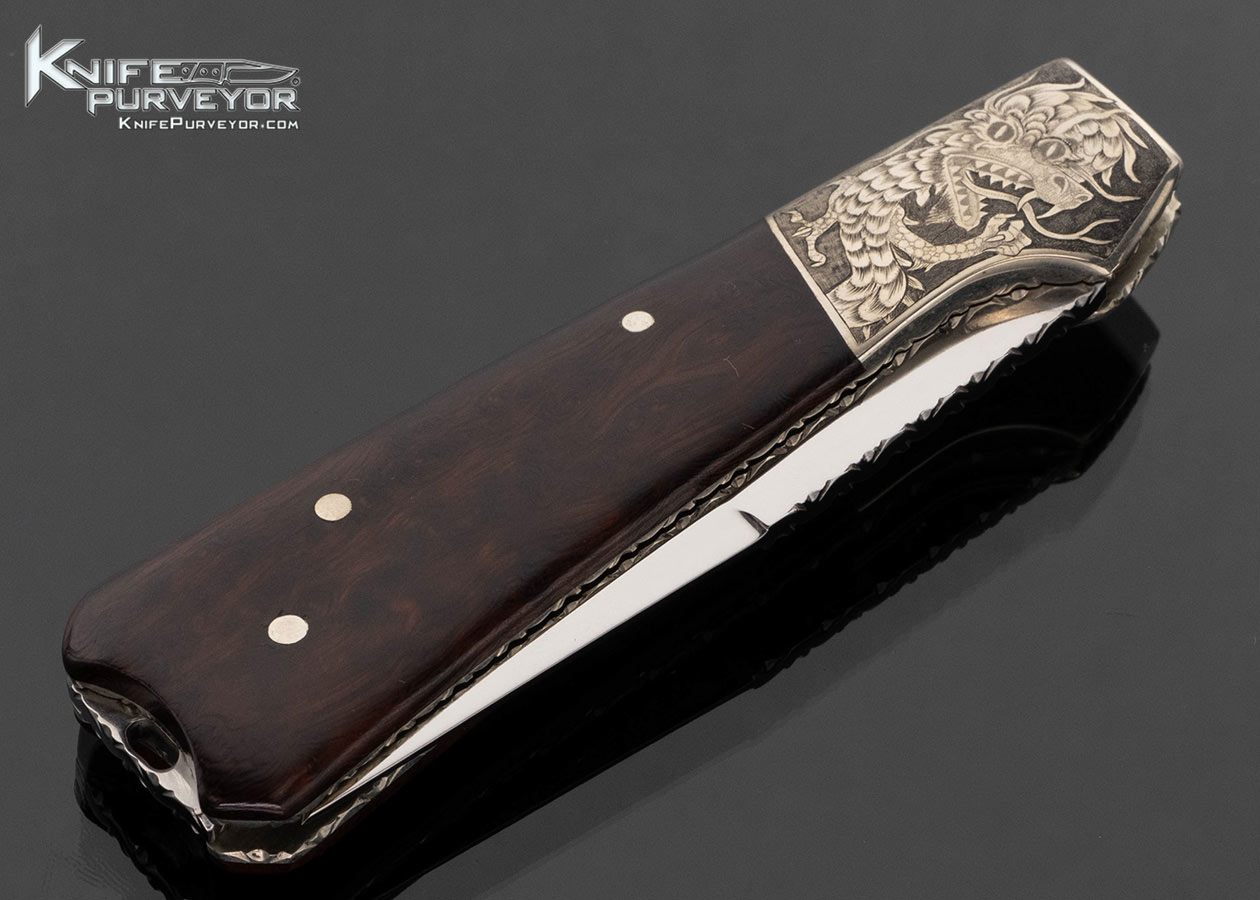 Mike Whiskers Allen Custom Knife "Coffin Switchblade" Nickel Silver Engraved by Jim Nixon and Burl Wood Tab Release Auto