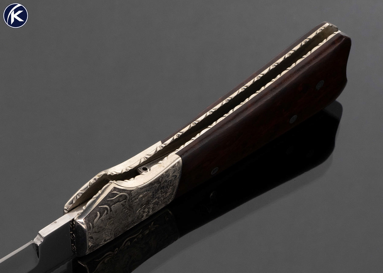 Mike Whiskers Allen Custom Knife "Coffin Switchblade" Nickel Silver Engraved by Jim Nixon and Burl Wood Tab Release Auto