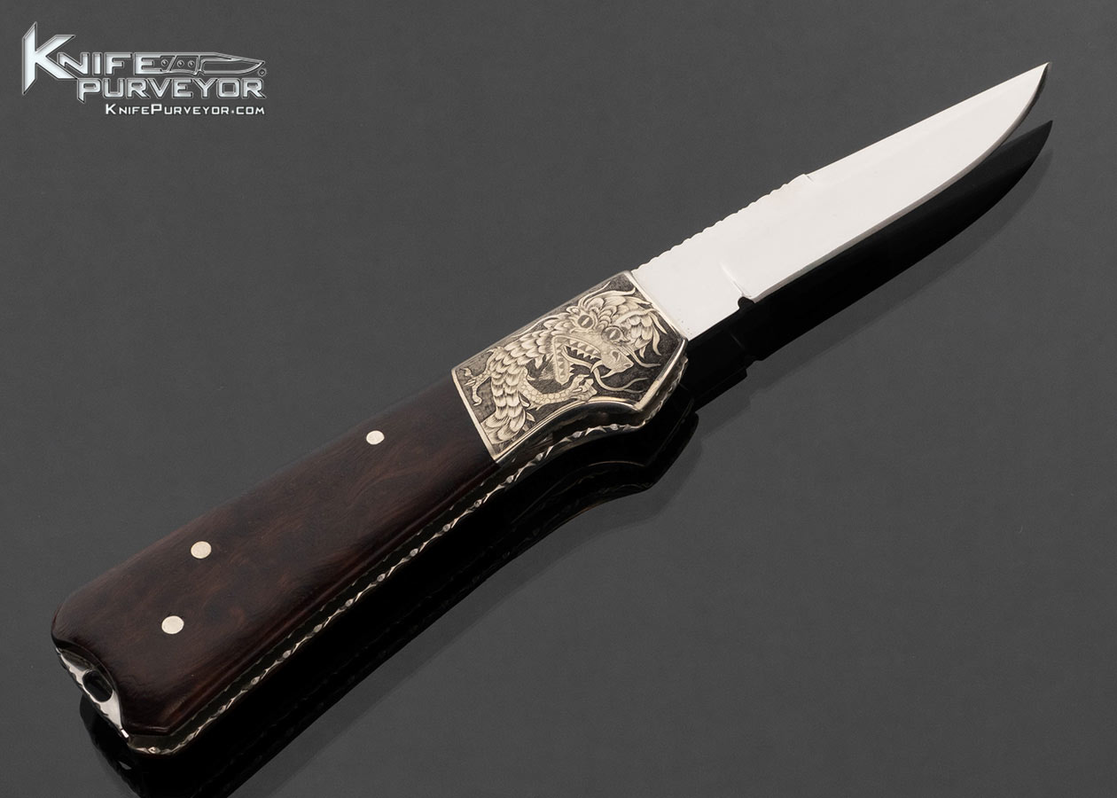 Mike Whiskers Allen Custom Knife "Coffin Switchblade" Nickel Silver Engraved by Jim Nixon and Burl Wood Tab Release Auto