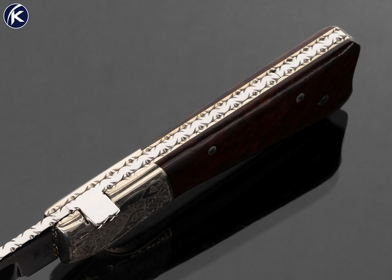 Mike Whiskers Allen Custom Knife "Coffin Switchblade" Nickel Silver Engraved by Jim Nixon and Burl Wood Tab Release Auto