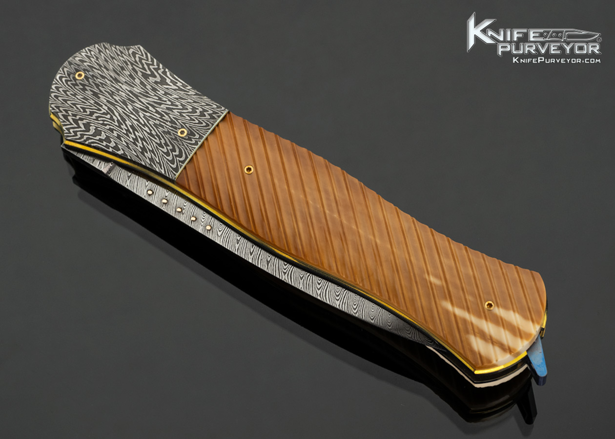 Owen Wood Custom Knife Sole Authorship Chevron and Twist Damascus with 24Kt Gold Inlays and Mosaic Damascus Bolsters with Fluted Fossil Walrus Linerlock Dagger - Image 2