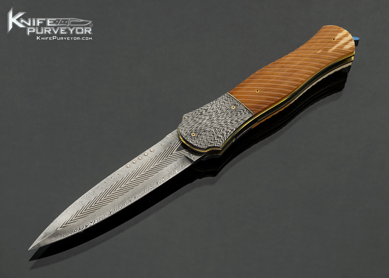 Owen Wood Custom Knife Damascus with Gold Inlays and Mosaic Damascus Bolsters with Fluted Fossil Walrus Linerlock 18040