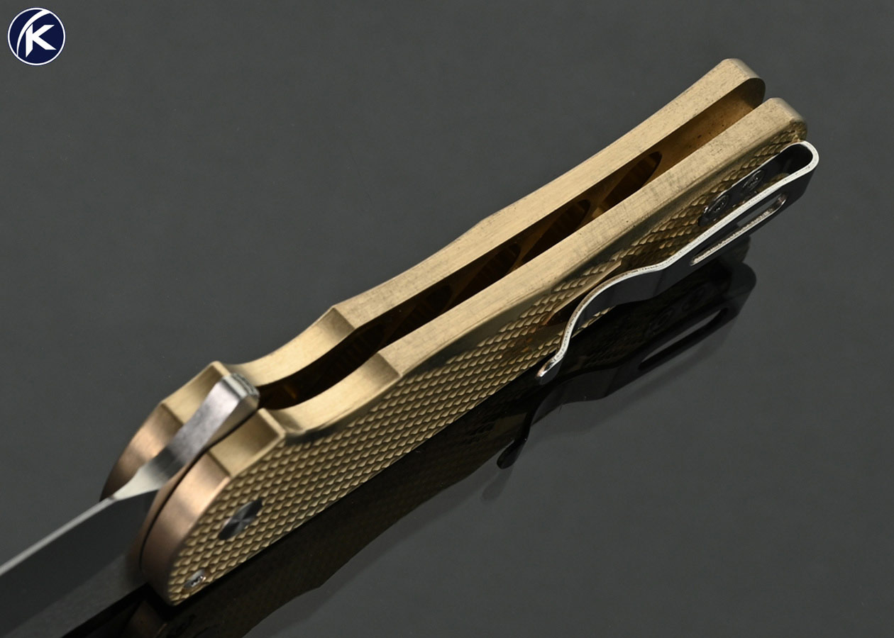Pro-Tech-Knives-Custom-Knife-Malibu-ALBronze-Custom-2023-Flipper-with-Mosaic-Pin-Button-Release-Mirror-Polished-By-Mike-Irie-