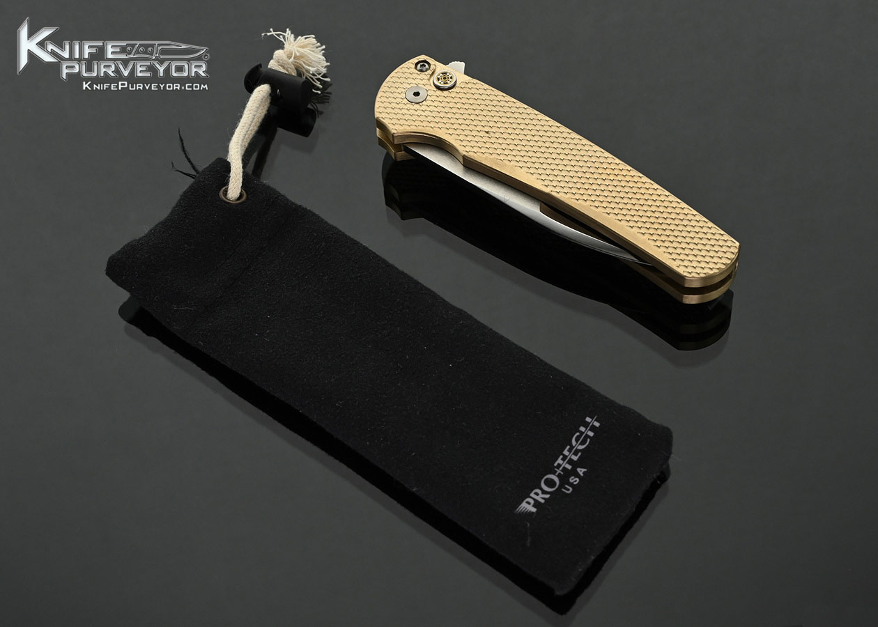 Pro-Tech-Knives-Custom-Knife-Malibu-ALBronze-Custom-2023-Flipper-with-Mosaic-Pin-Button-Release-Mirror-Polished-By-Mike-Irie-