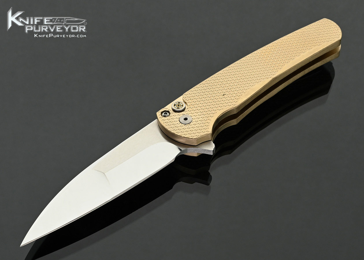 Pro-Tech-Knives-Custom-Knife-Malibu-ALBronze-Custom-2023-Flipper-with-Mosaic-Pin-Button-Release-Mirror-Polished-By-Mike-Irie-
