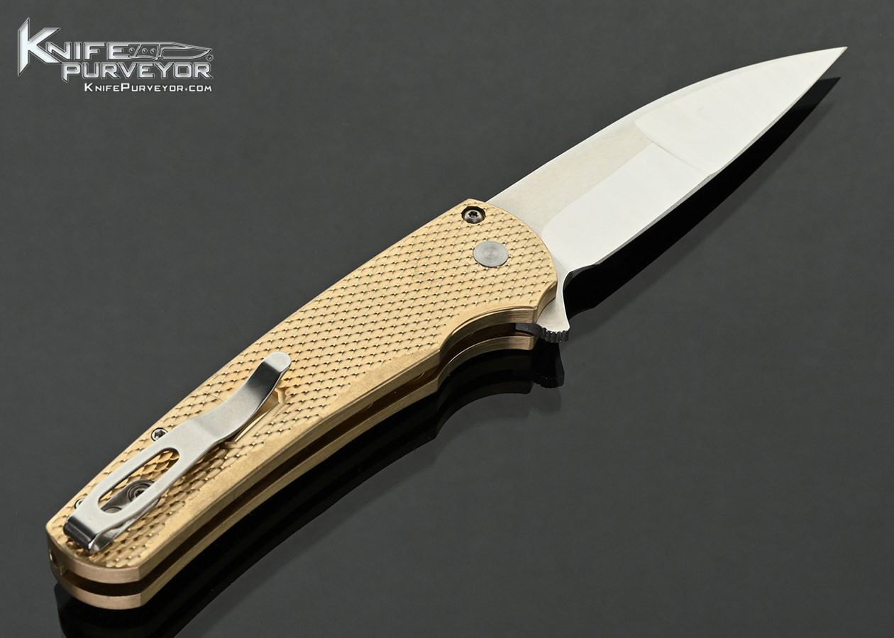 Pro-Tech-Knives-Custom-Knife-Malibu-ALBronze-Custom-2023-Flipper-with-Mosaic-Pin-Button-Release-Mirror-Polished-By-Mike-Irie-