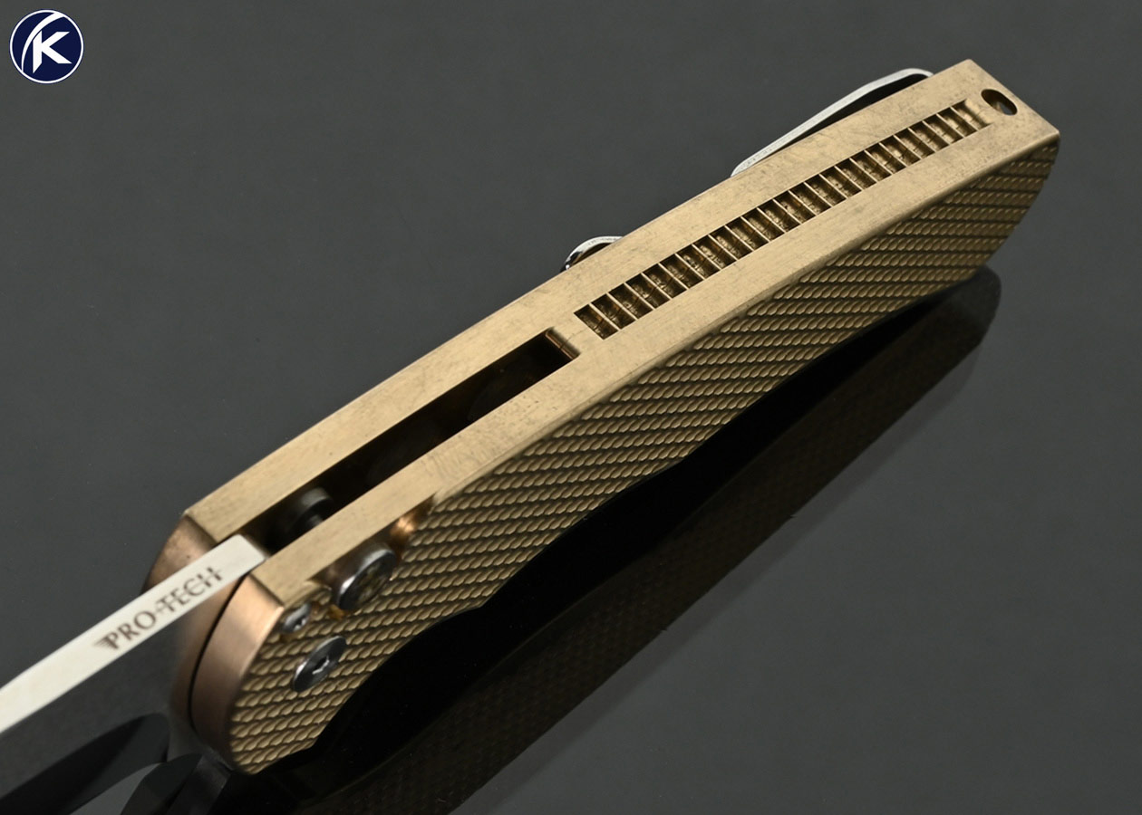 Pro-Tech-Knives-Custom-Knife-Malibu-ALBronze-Custom-2023-Flipper-with-Mosaic-Pin-Button-Release-Mirror-Polished-By-Mike-Irie-
