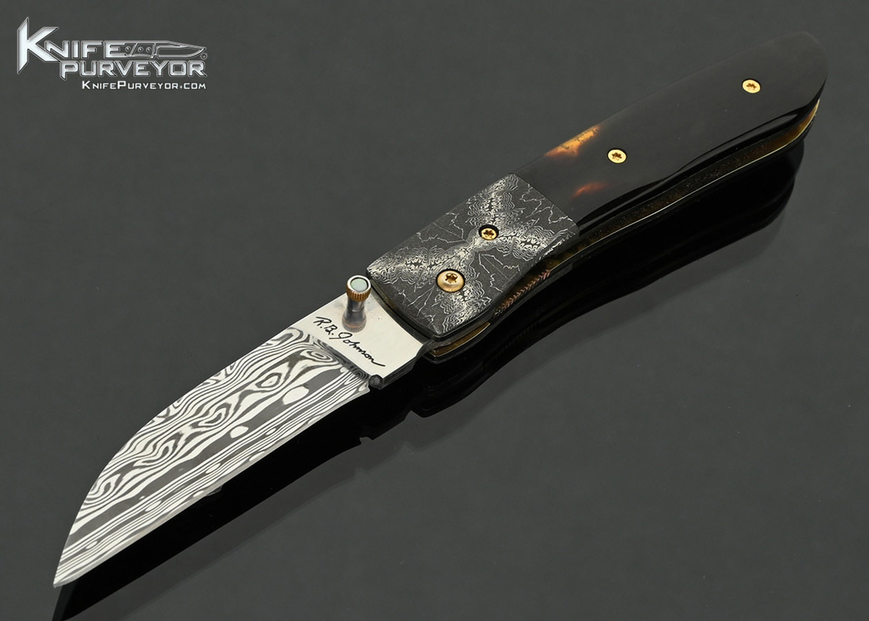 R.B. Johnson Custom Knife Damasteel with Mosaic Damascus Bolsters and Amber Linerlock 18108