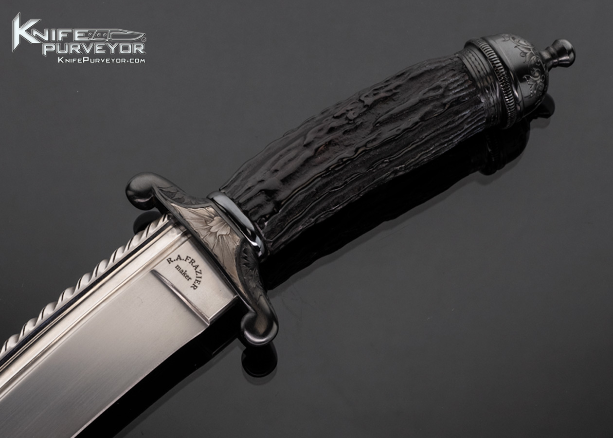 Ron Frazier Custom Knife Blued and Engraved Guard and Pommel by Thierry Duguet and Blackened Stag Bowie - Image 2