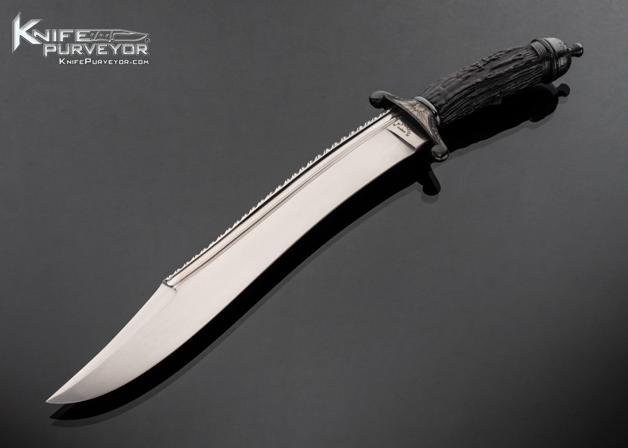 Ron Frazier Custom Knife Blued and Engraved Guard and Pommel by Thierry Duguet and Blackened Stag Bowie 17732