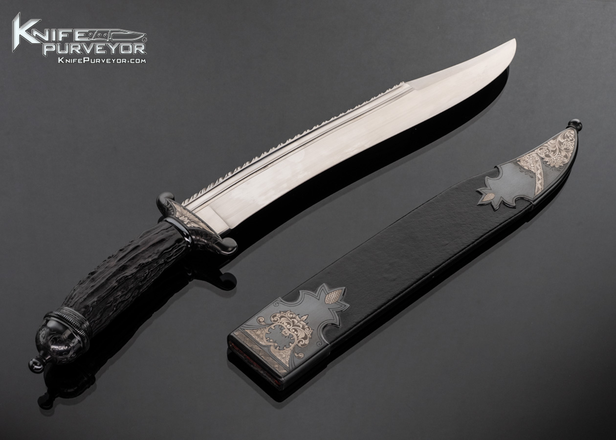 Ron Frazier Custom Knife Blued and Engraved Guard and Pommel by Thierry Duguet and Blackened Stag Bowie - Image 3