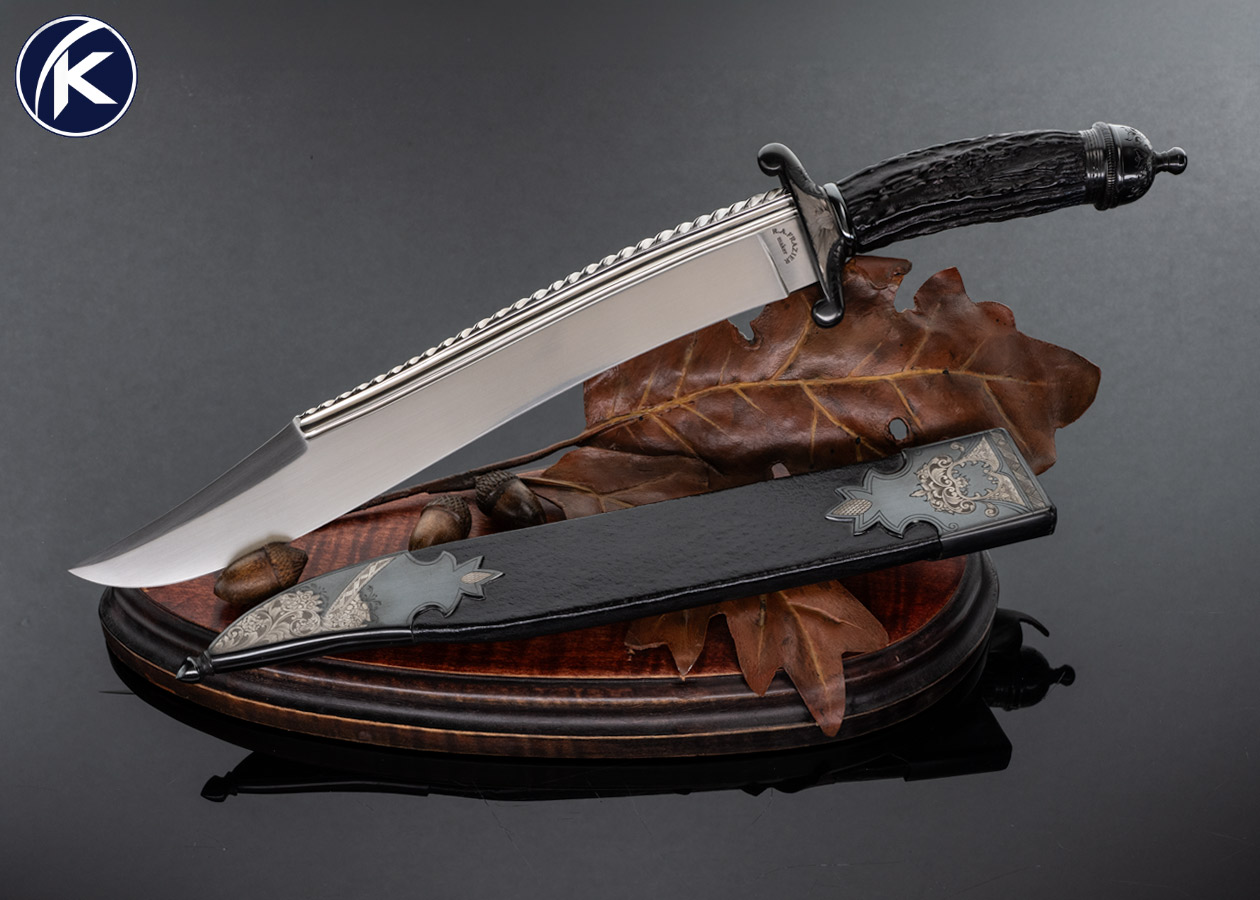 Ron Frazier Custom Knife Blued and Engraved Guard and Pommel by Thierry Duguet and Blackened Stag Bowie 17732