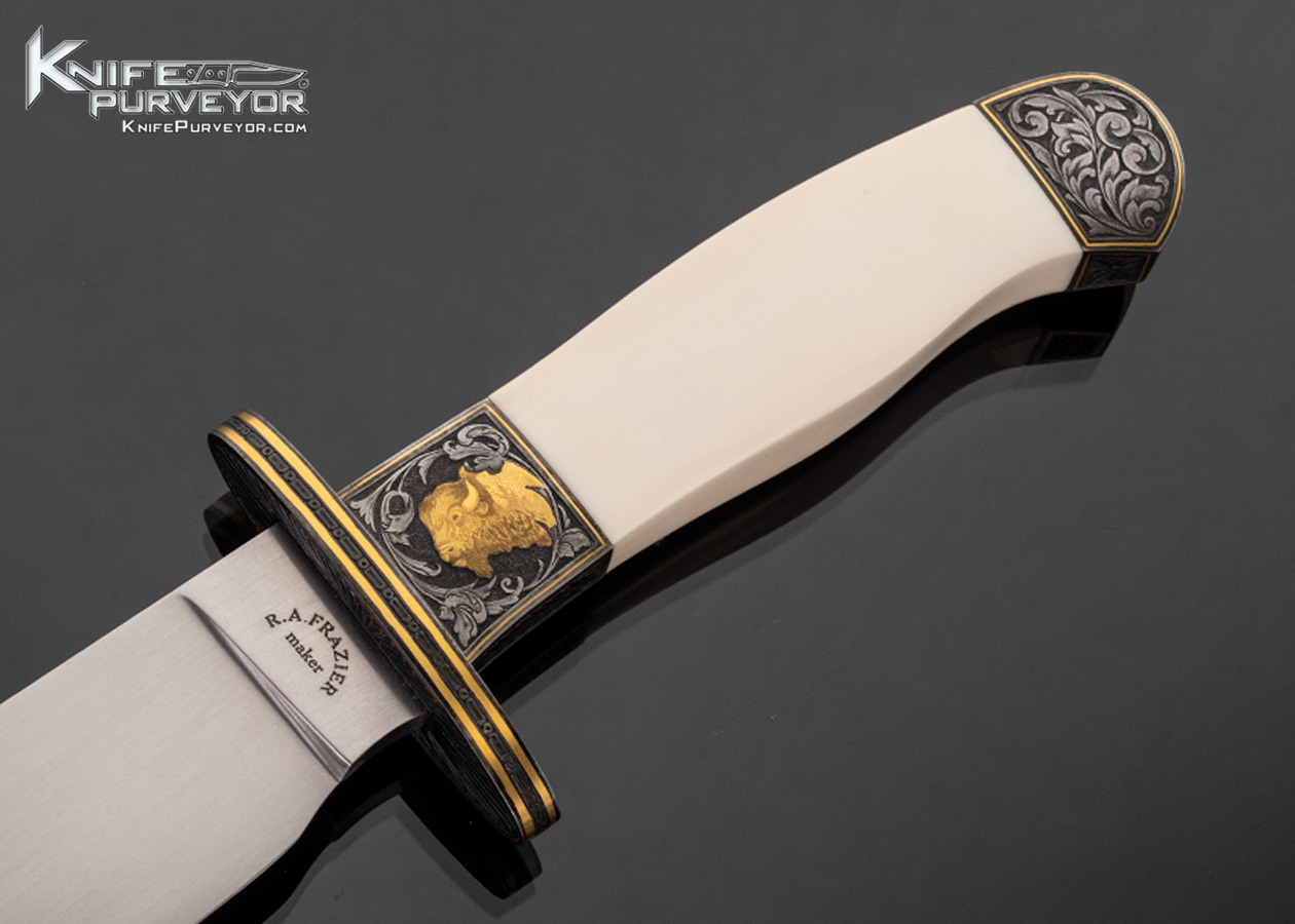 Ron Frazier Custom Knife Mammoth Bowie Engraved by Master Engraved Ken Hurst with 24 Kt Gold Inlays with Custom Stand - Image 2