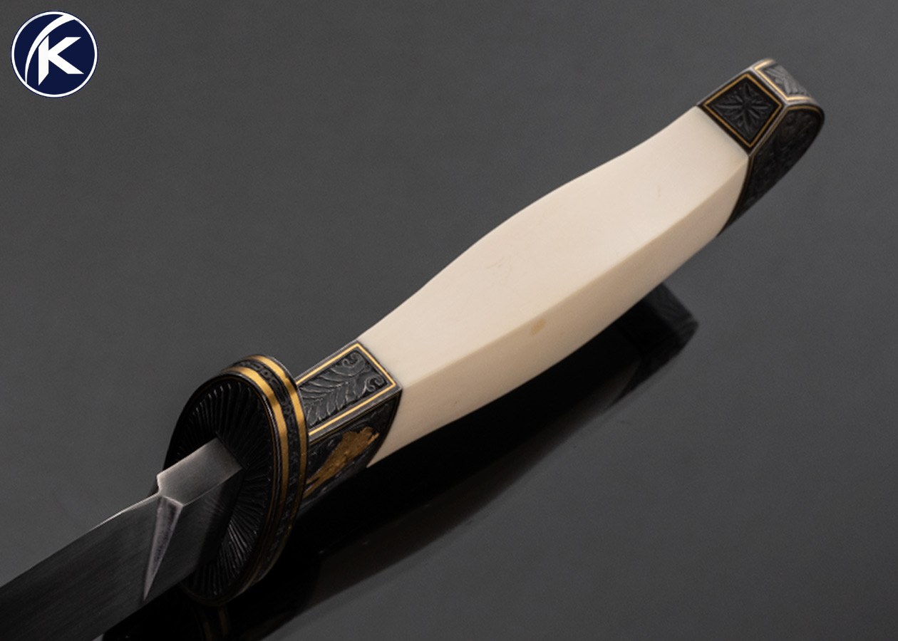Ron Frazier Custom Knife Mammoth Bowie Engraved by Master Engraved Ken Hurst with 24 Kt Gold Inlays with Custom Stand - Image 5