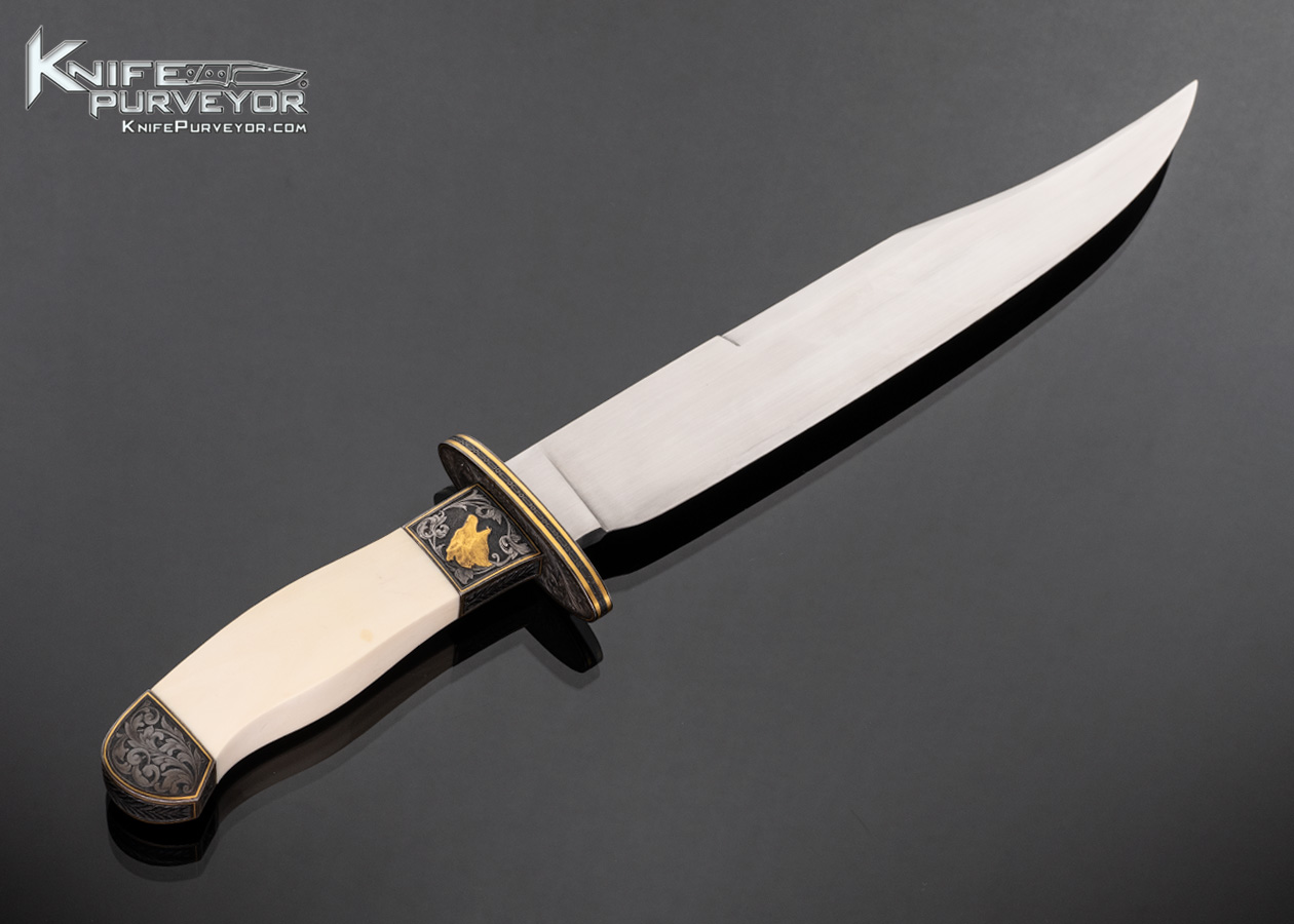 Ron Frazier Custom Knife Mammoth Bowie Engraved by Master Engraved Ken Hurst with 24 Kt Gold Inlays with Custom Stand - Image 3