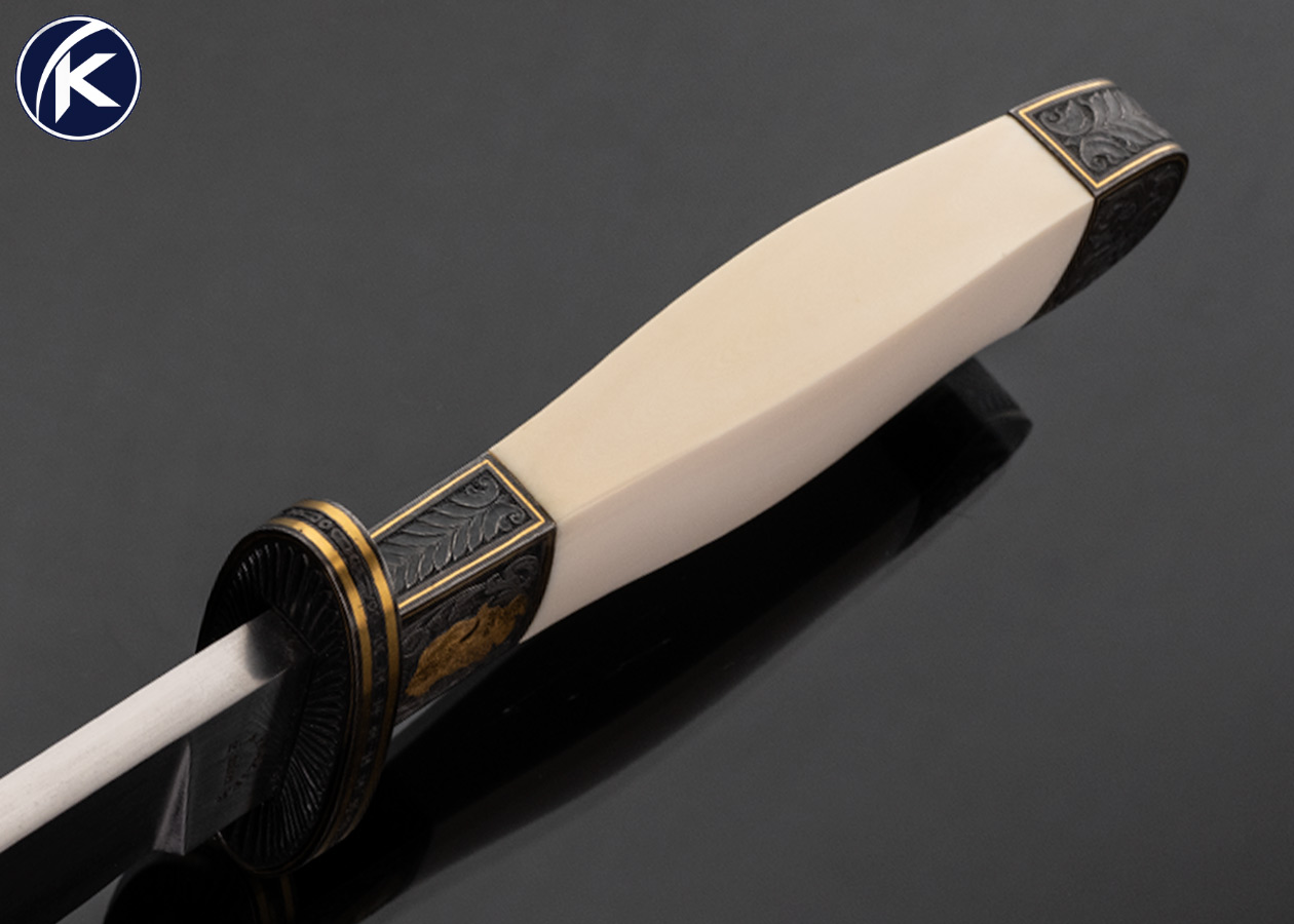 Ron Frazier Custom Knife Mammoth Bowie Engraved by Master Engraved Ken Hurst with 24 Kt Gold Inlays with Custom Stand - Image 4