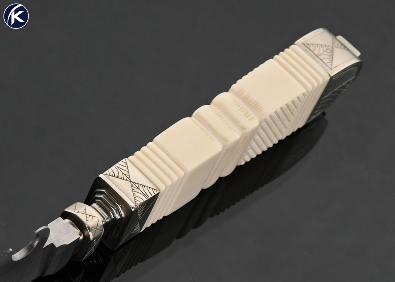 Ron Newton Custom Knife Sole Authorship Engraved Nickel Silver Bolsters with Piqued and Carved Mammoth Bell Bowie 17680