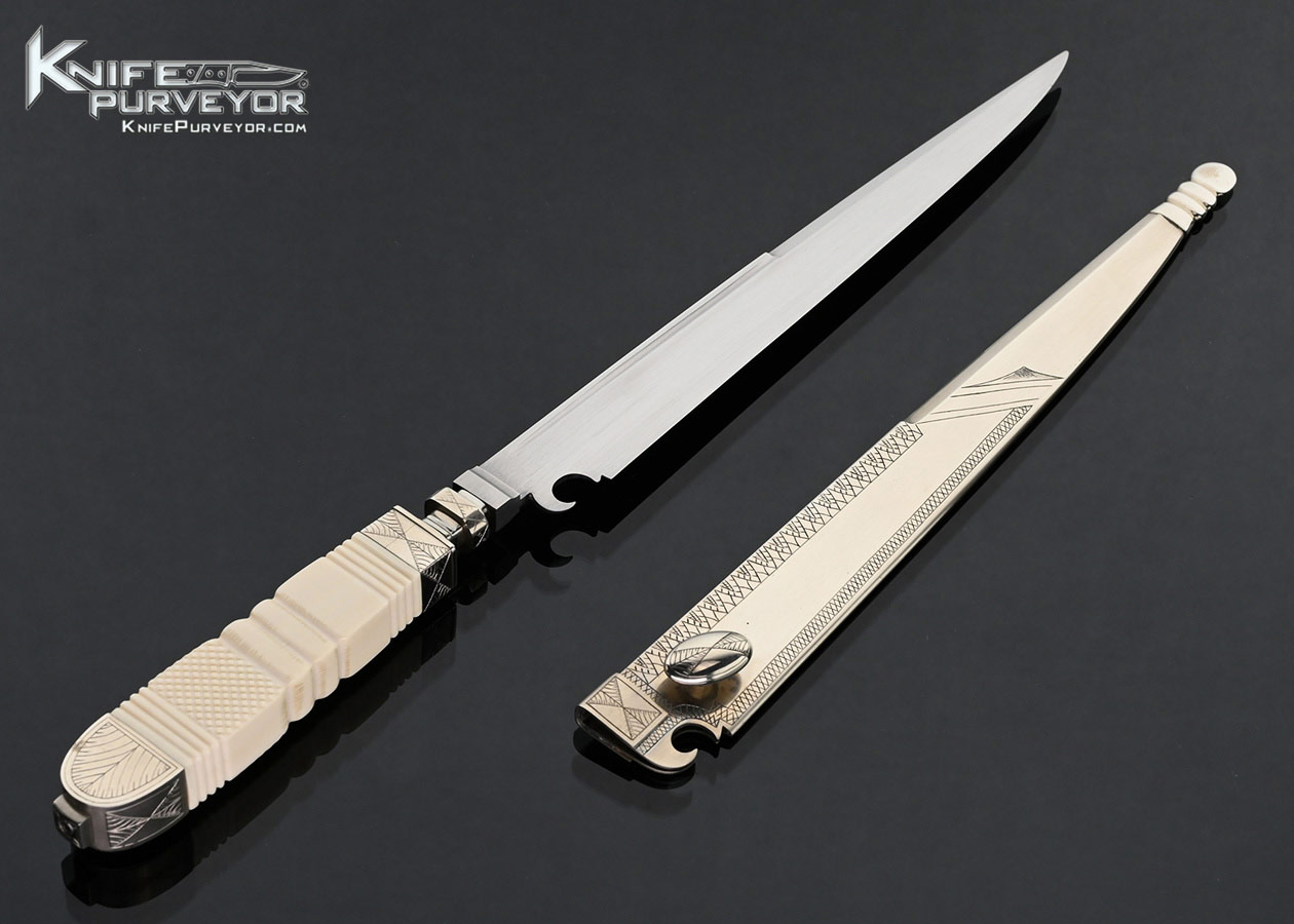 Ron Newton Custom Knife Sole Authorship Engraved Nickel Silver with Piqued and Carved Mammoth Bell Bowie with Scabbard - Image 3