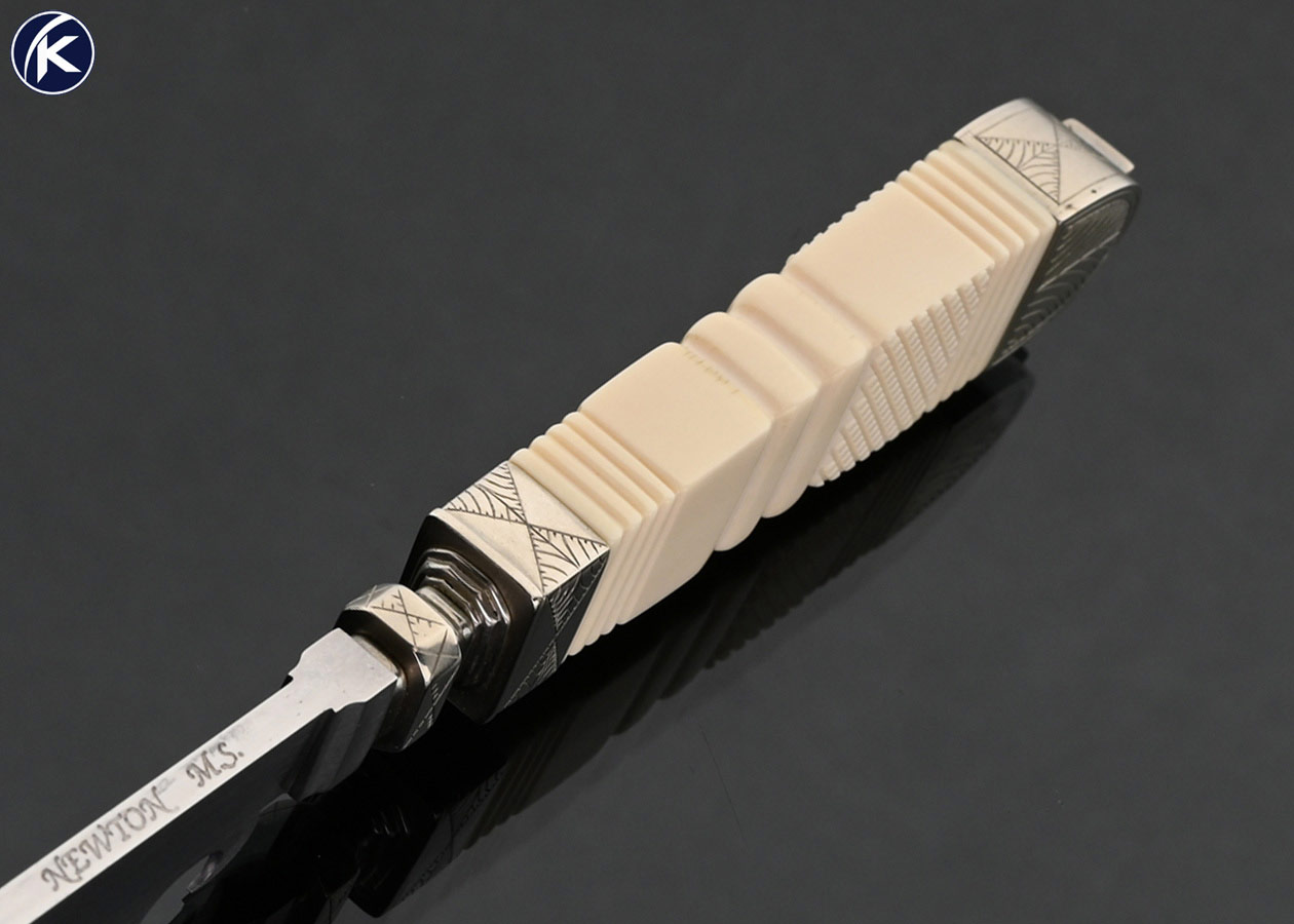 Ron Newton Custom Knife Sole Authorship Engraved Nickel Silver with Piqued and Carved Mammoth Bell Bowie with Scabbard - Image 4
