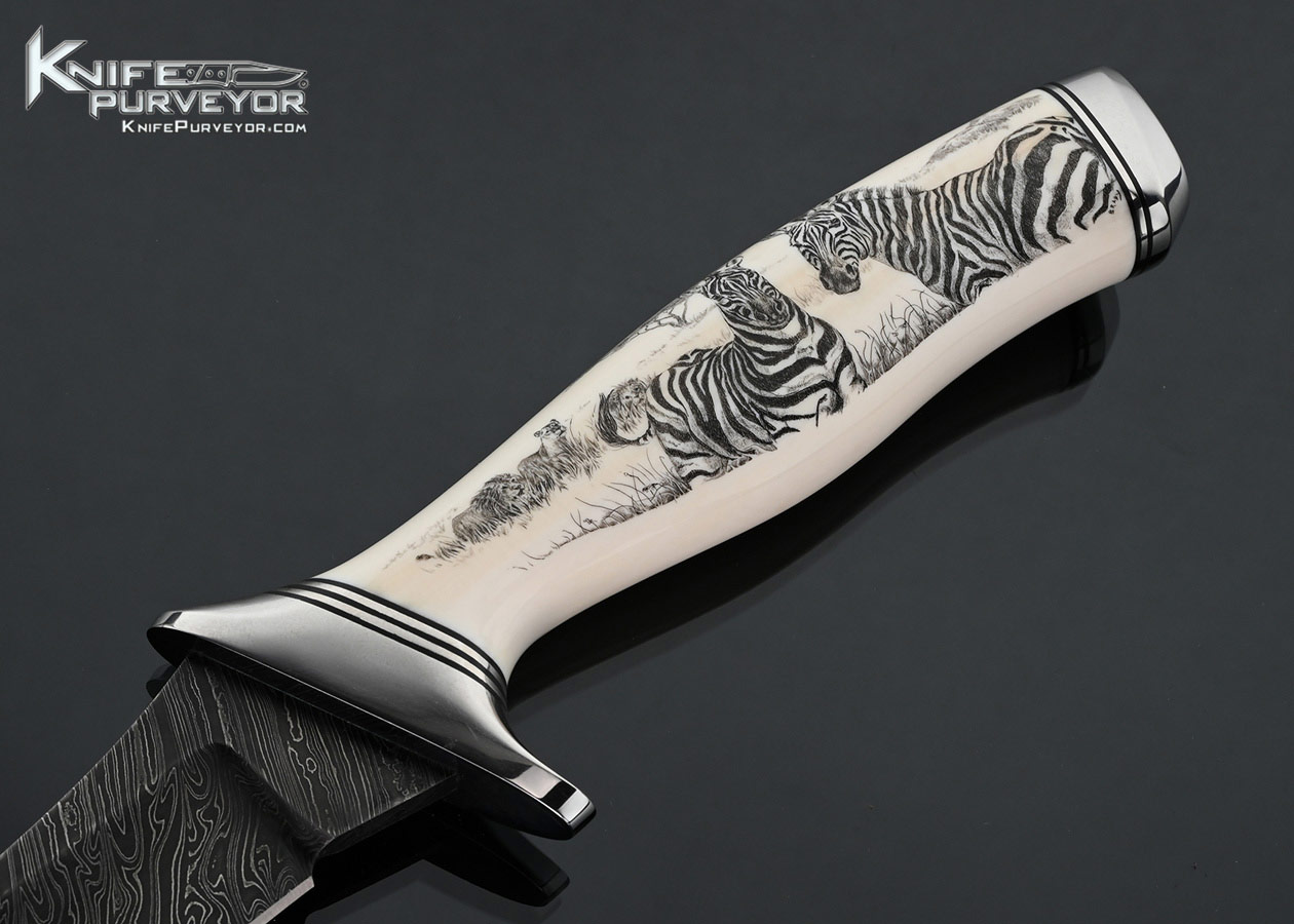 Mike Sakmar Custom Knives Damascus and Mammoth Hunter with "Zebras" Scrimshawed by Sandra Brady #9295 - Image 2