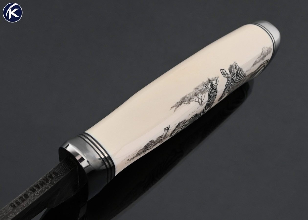 Mike Sakmar Custom Knives Damascus and Mammoth Hunter with "Zebras" Scrimshawed by Sandra Brady #9295 - Image 4