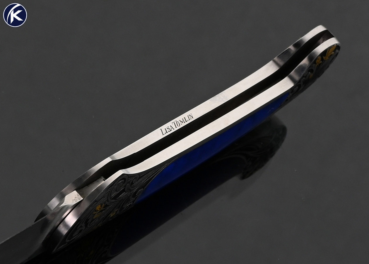 Steve Hoel Custom Knife Lapis Lazuli Interframe Lockback with 24Kt Gold Inlays Engraved by Lisa Tomlin - Image 5