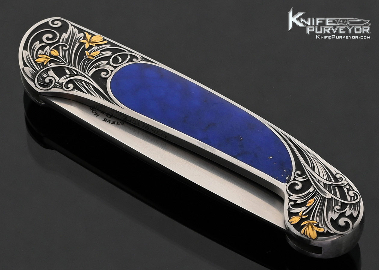 Steve Hoel Custom Knife Lapis Lazuli Interframe Lockback with 24Kt Gold Inlays Engraved by Lisa Tomlin - Image 2