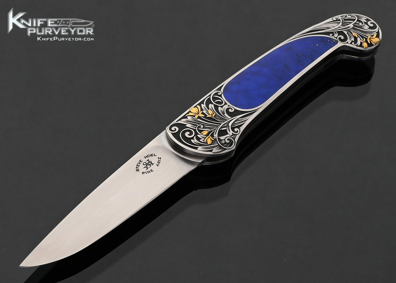 Steve Hoel Custom Knife Lapis Lazuli Interframe Lockback with 24Kt Gold Inlays Engraved by Lisa Tomlin 18051