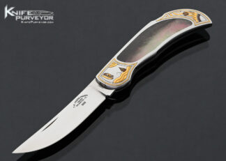 Tom Overeynder Custom Knife Black Lip Tahitian Pearl Shell Interframe Lockback Engraved by Jon Robyn 18032