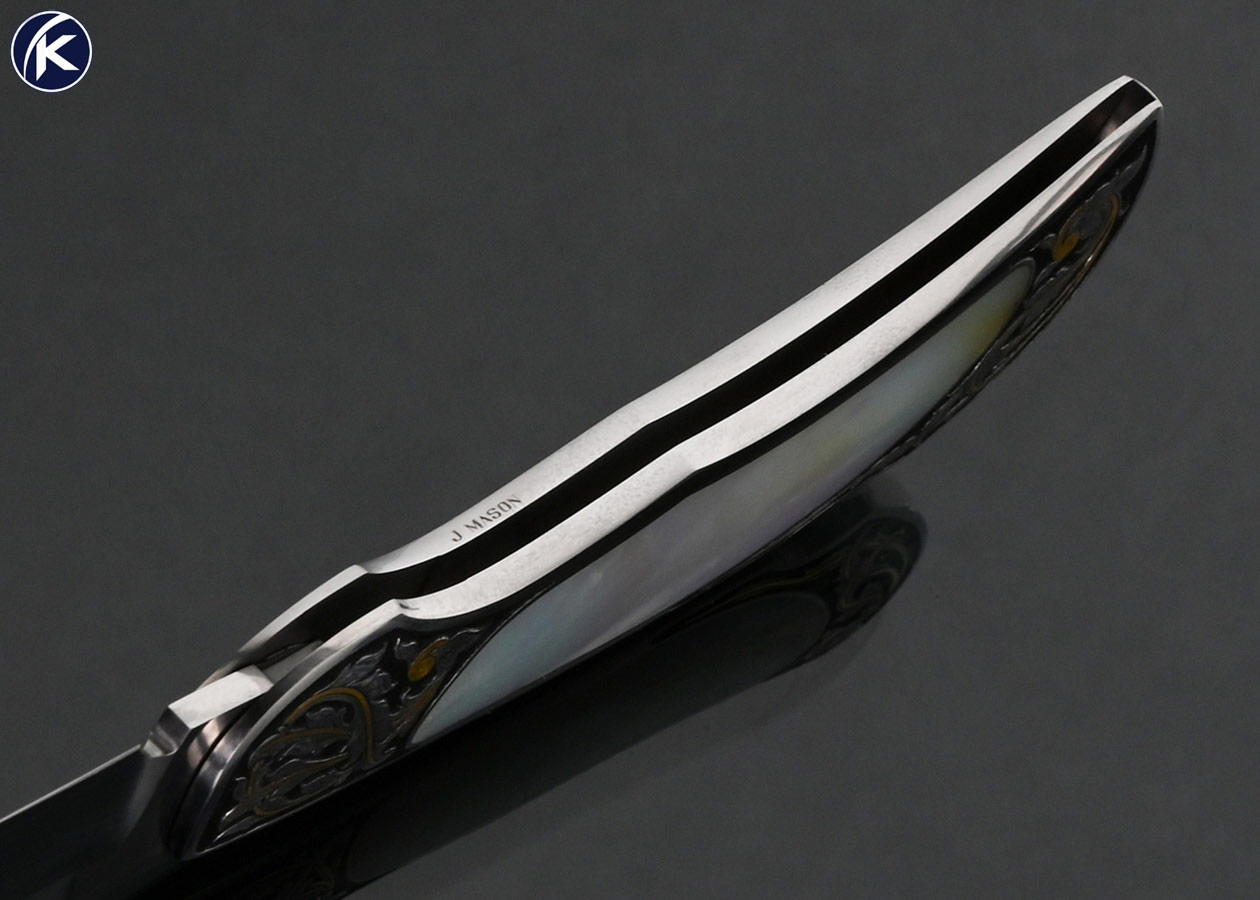 Tom Overeynder Custom Knife Mother of Pearl Interframe Lockback Engraved by Joe Mason with 24Kt Gold Inlays - Image 5