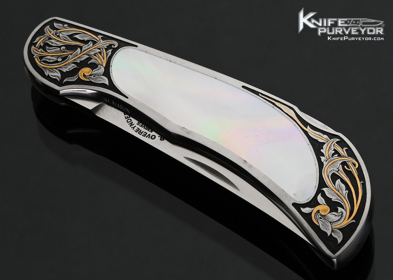 Tom Overeynder Custom Knife Mother of Pearl Interframe Lockback Engraved by Joe Mason with 24Kt Gold Inlays - Image 2