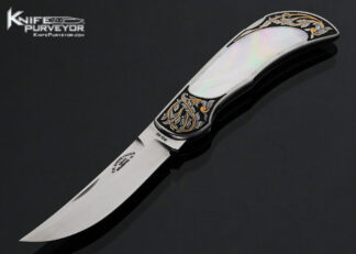 Tom Overeynder Custom Knife Mother of Pearl Interframe Lockback Engraved by Joe Mason with 24Kt Gold Inlays 18052