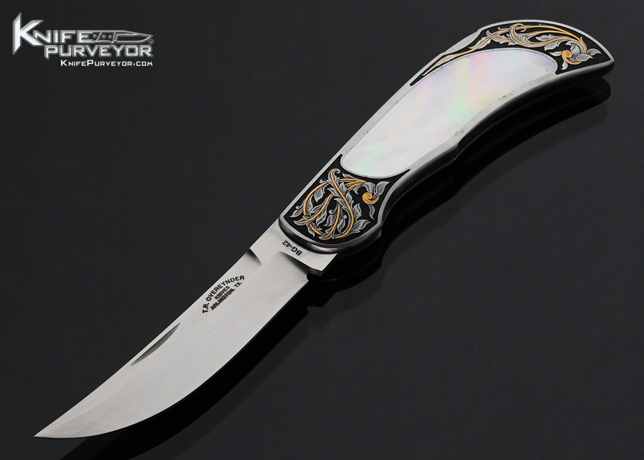 Tom Overeynder Custom Knife Mother of Pearl Interframe Lockback Engraved by Joe Mason with 24Kt Gold Inlays 18052