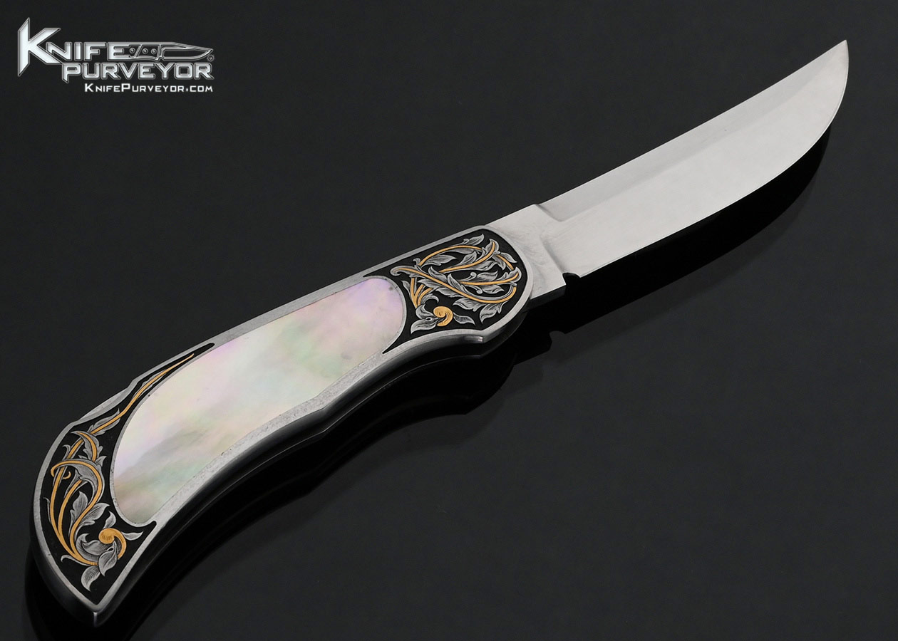 Tom Overeynder Custom Knife Mother of Pearl Interframe Lockback Engraved by Joe Mason with 24Kt Gold Inlays - Image 3
