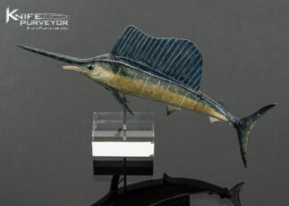 Tsuguo Kurosawa Custom Knife Carved Painted, and Lacquered Wood Handle Blue Marlin with San Mai Damascus Blade 18083